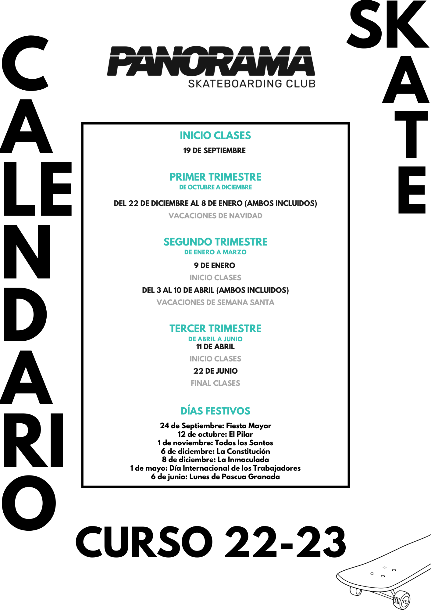 CALENDARIO CLASES DE SKATE EXTRAESCOLARES PANORAMA SKATE CLUB